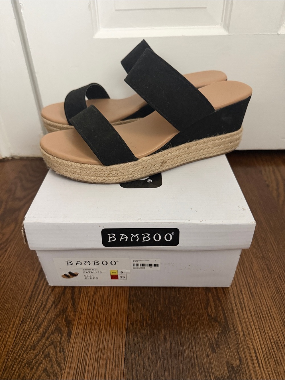 BAMBOO Black Dual-Strap Espadrille Wedge Slides